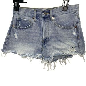 SIMPLE SOCIETY Denim Jean Shorts Button Fly Raw Hem Distressed Womens 0 24 Blue
